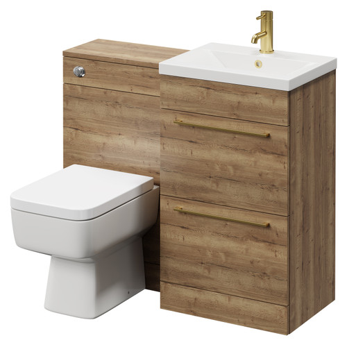Napoli Tobacco Oak 1000mm Vanity Unit Toilet Suite with 1 Tap Hole Basin and 2 Drawers with Brushed Brass Handles Right Hand View