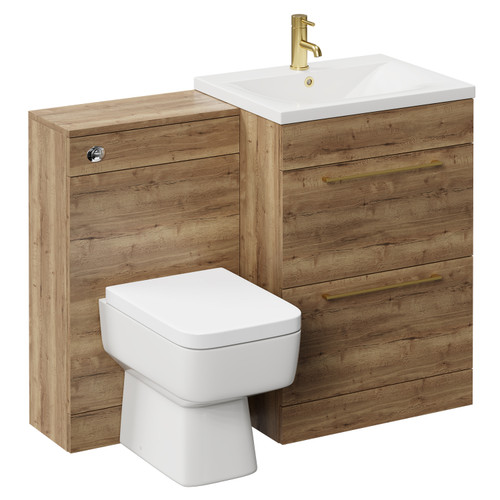 Napoli Tobacco Oak 1100mm Vanity Unit Toilet Suite with 1 Tap Hole Basin and 2 Drawers with Brushed Brass Handles Left Hand View