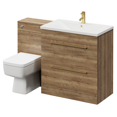 Napoli Tobacco Oak 1300mm Vanity Unit Toilet Suite with 1 Tap Hole Basin and 2 Drawers with Brushed Brass Handles Right Hand View