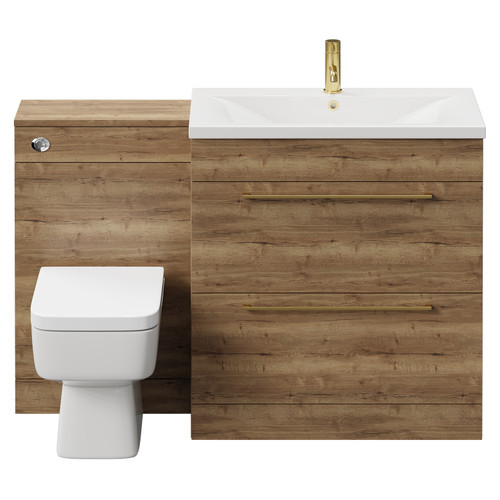 Napoli Tobacco Oak 1300mm Vanity Unit Toilet Suite with 1 Tap Hole Basin and 2 Drawers with Brushed Brass Handles View from Front
