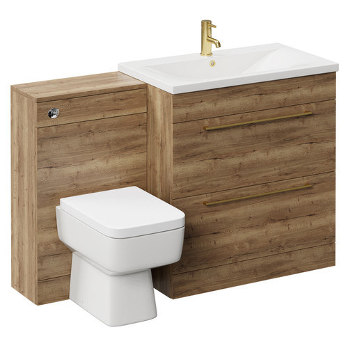 Napoli Tobacco Oak 1300mm Vanity Unit Toilet Suite with 1 Tap Hole Basin and 2 Drawers with Brushed Brass Handles Left Hand View