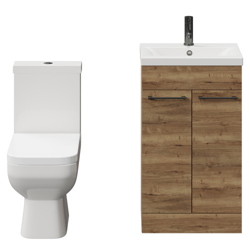 Turin Tobacco Oak 500mm Floor Standing Vanity Unit and Toilet Suite with 1 Tap Hole Glide Basin and 2 Doors with Gunmetal Grey Handles View from Front