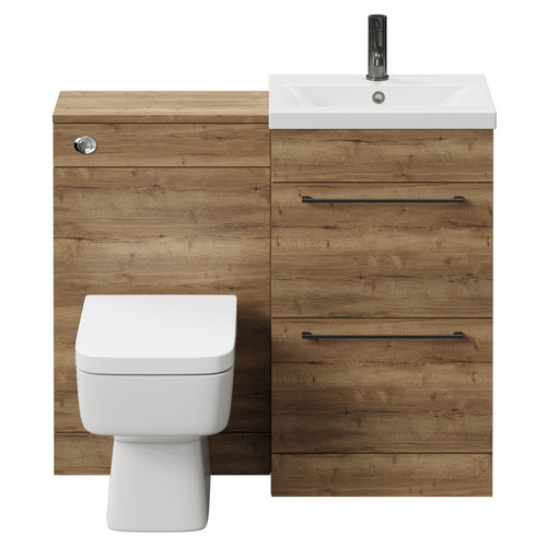 Napoli Tobacco Oak 1000mm Vanity Unit Toilet Suite with 1 Tap Hole Basin and 2 Drawers with Gunmetal Grey Handles View from Front