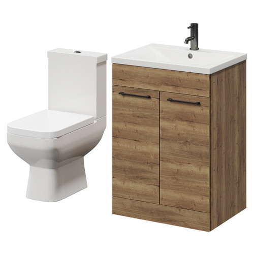 Turin Tobacco Oak 600mm Floor Standing Vanity Unit and Toilet Suite with 1 Tap Hole Glide Basin and 2 Doors with Gunmetal Grey Handles Right Hand View