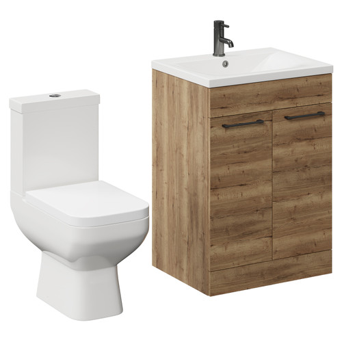 Turin Tobacco Oak 600mm Floor Standing Vanity Unit and Toilet Suite with 1 Tap Hole Glide Basin and 2 Doors with Gunmetal Grey Handles Left Hand View