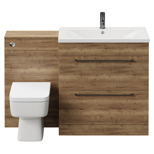 Napoli Tobacco Oak 1300mm Vanity Unit Toilet Suite with 1 Tap Hole Basin and 2 Drawers with Gunmetal Grey Handles View from Front