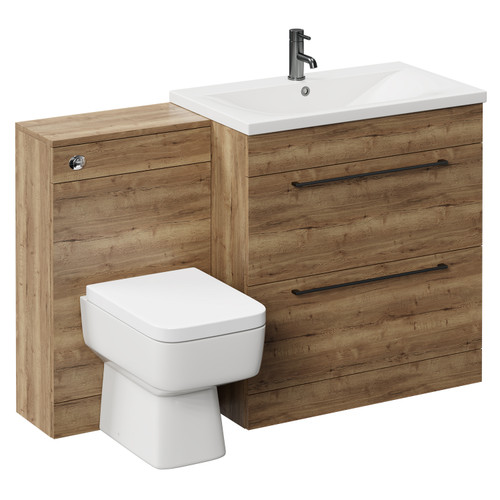 Napoli Tobacco Oak 1300mm Vanity Unit Toilet Suite with 1 Tap Hole Basin and 2 Drawers with Gunmetal Grey Handles Left Hand View