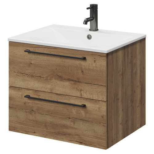 Napoli Tobacco Oak 600mm Wall Mounted Vanity Unit with 1 Tap Hole Minimalist Basin and 2 Drawers with Gunmetal Grey Handles Right Hand View