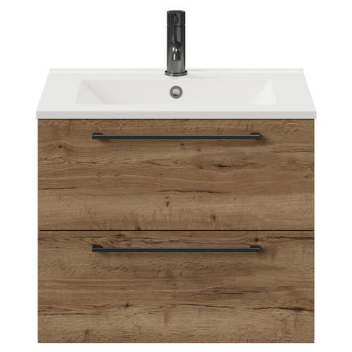 Napoli Tobacco Oak 600mm Wall Mounted Vanity Unit with 1 Tap Hole Minimalist Basin and 2 Drawers with Gunmetal Grey Handles View from Front