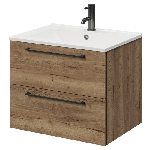 Napoli Tobacco Oak 600mm Wall Mounted Vanity Unit with 1 Tap Hole Minimalist Basin and 2 Drawers with Gunmetal Grey Handles Right Hand View Napoli Tobacco Oak 600mm Wall Mounted Vanity Unit with 1 Tap Hole Minimalist Basin and 2 Drawers with Gunmetal Grey Handles Right Hand View