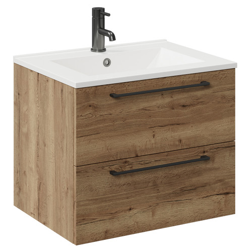 Napoli Tobacco Oak 600mm Wall Mounted Vanity Unit with 1 Tap Hole Minimalist Basin and 2 Drawers with Gunmetal Grey Handles Left Hand View