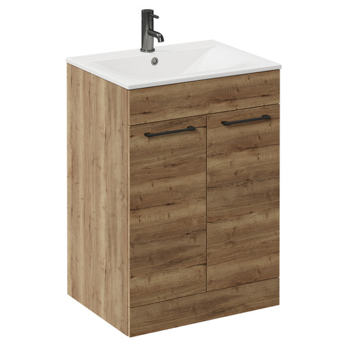 Napoli Tobacco Oak 600mm Floor Standing Vanity Unit with 1 Tap Hole Minimalist Basin and 2 Doors with Gunmetal Grey Handles Left Hand View