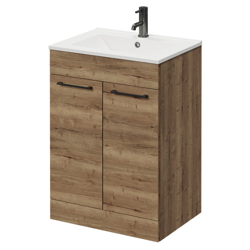 Napoli Tobacco Oak 600mm Floor Standing Vanity Unit with 1 Tap Hole Minimalist Basin and 2 Doors with Gunmetal Grey Handles Right Hand View