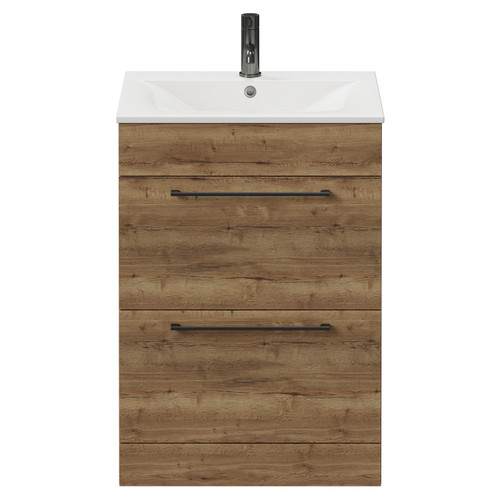 Napoli Tobacco Oak 600mm Floor Standing Vanity Unit with 1 Tap Hole Minimalist Basin and 2 Drawers with Gunmetal Grey Handles View from Front
