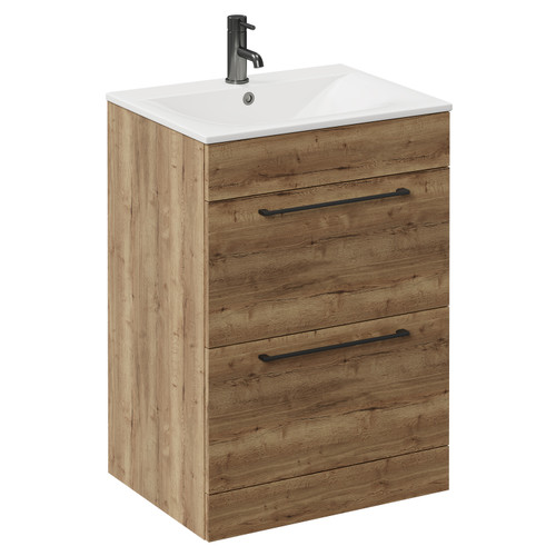 Napoli Tobacco Oak 600mm Floor Standing Vanity Unit with 1 Tap Hole Minimalist Basin and 2 Drawers with Gunmetal Grey Handles Left Hand View
