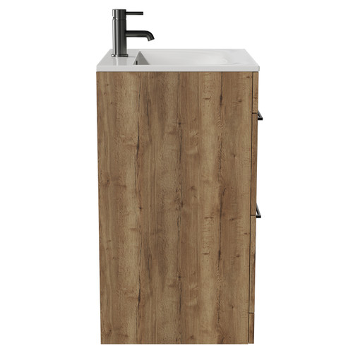 Napoli Tobacco Oak 600mm Floor Standing Vanity Unit with 1 Tap Hole Minimalist Basin and 2 Drawers with Gunmetal Grey Handles View from Side