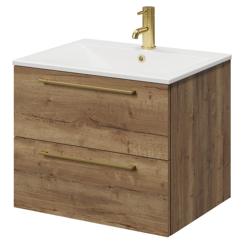 Napoli Tobacco Oak 600mm Wall Mounted Vanity Unit with 1 Tap Hole Minimalist Basin and 2 Drawers with Brushed Brass Handles Right Hand View