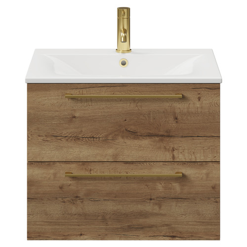 Napoli Tobacco Oak 600mm Wall Mounted Vanity Unit with 1 Tap Hole Minimalist Basin and 2 Drawers with Brushed Brass Handles View from Front