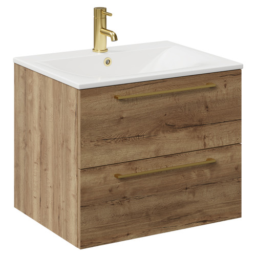 Napoli Tobacco Oak 600mm Wall Mounted Vanity Unit with 1 Tap Hole Minimalist Basin and 2 Drawers with Brushed Brass Handles Left Hand View