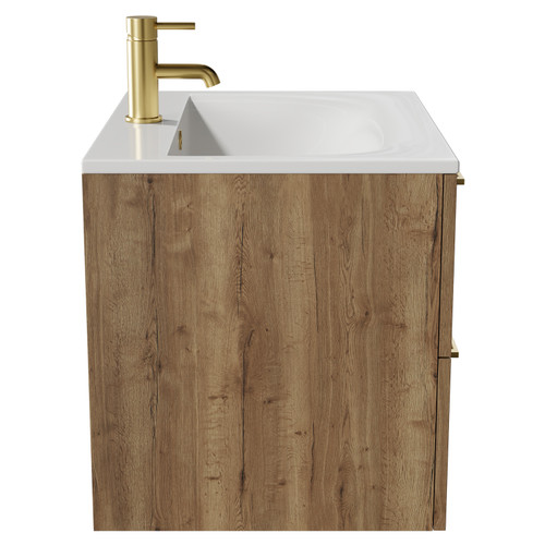 Napoli Tobacco Oak 600mm Wall Mounted Vanity Unit with 1 Tap Hole Minimalist Basin and 2 Drawers with Brushed Brass Handles View from Side