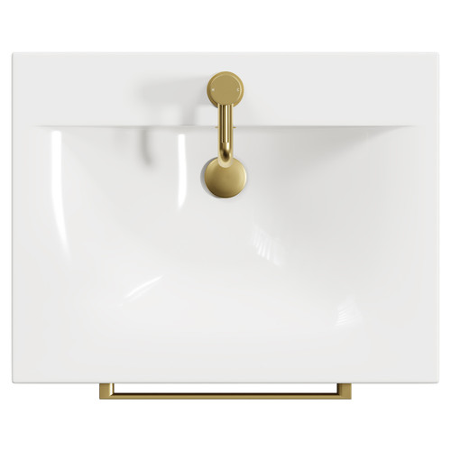 Napoli Tobacco Oak 600mm Wall Mounted Vanity Unit with 1 Tap Hole Minimalist Basin and 2 Drawers with Brushed Brass Handles View from Top