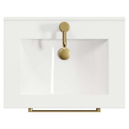 Napoli Tobacco Oak 600mm Wall Mounted Vanity Unit with 1 Tap Hole Minimalist Basin and 2 Drawers with Brushed Brass Handles View from Side