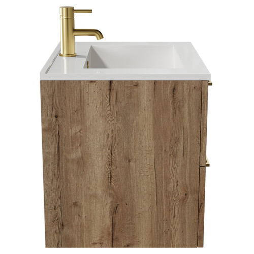 Napoli Tobacco Oak 600mm Wall Mounted Vanity Unit with 1 Tap Hole Minimalist Basin and 2 Drawers with Brushed Brass Handles View from Side