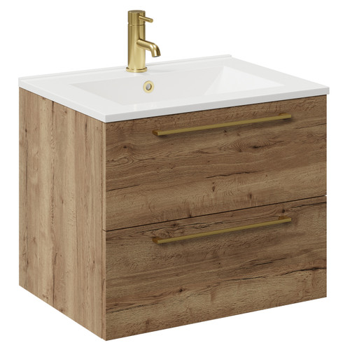 Napoli Tobacco Oak 600mm Wall Mounted Vanity Unit with 1 Tap Hole Minimalist Basin and 2 Drawers with Brushed Brass Handles Left Hand View
