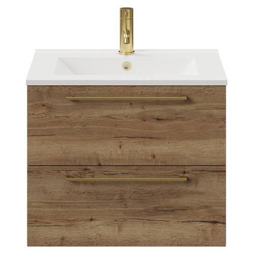 Napoli Tobacco Oak 600mm Wall Mounted Vanity Unit with 1 Tap Hole Minimalist Basin and 2 Drawers with Brushed Brass Handles View from Front