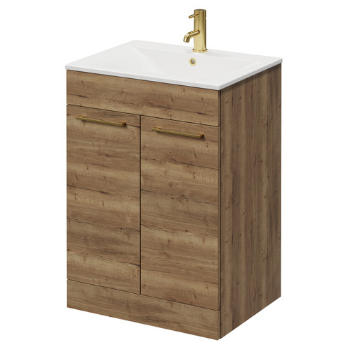 Napoli Tobacco Oak 600mm Floor Standing Vanity Unit with 1 Tap Hole Minimalist Basin and 2 Doors with Brushed Brass Handles Right Hand View