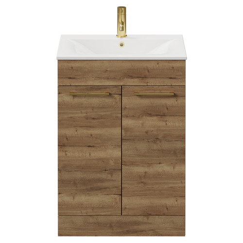 Napoli Tobacco Oak 600mm Floor Standing Vanity Unit with 1 Tap Hole Minimalist Basin and 2 Doors with Brushed Brass Handles View from Front