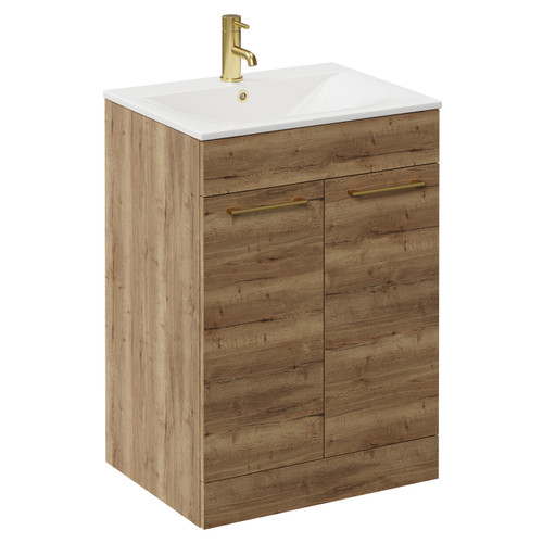 Napoli Tobacco Oak 600mm Floor Standing Vanity Unit with 1 Tap Hole Minimalist Basin and 2 Doors with Brushed Brass Handles Left Hand View
