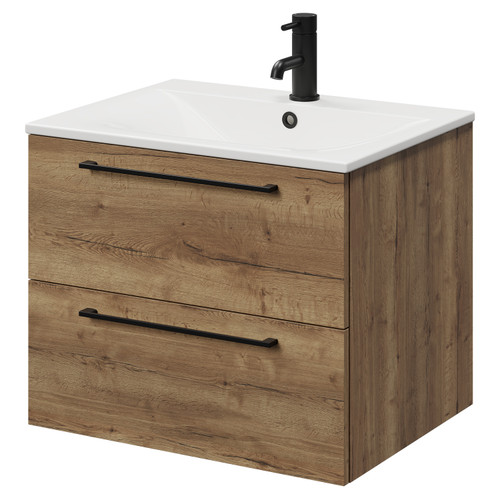 Napoli Tobacco Oak 600mm Wall Mounted Vanity Unit with 1 Tap Hole Minimalist Basin and 2 Drawers with Matt Black Handles Right Hand View