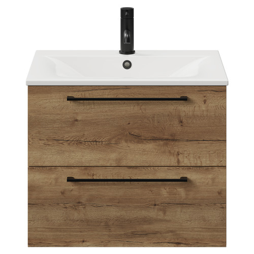 Napoli Tobacco Oak 600mm Wall Mounted Vanity Unit with 1 Tap Hole Minimalist Basin and 2 Drawers with Matt Black Handles View from Front