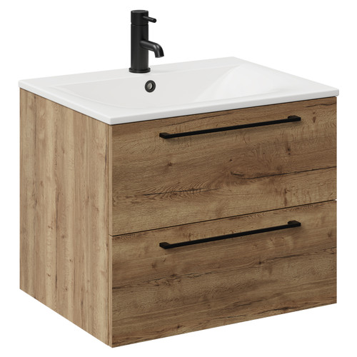 Napoli Tobacco Oak 600mm Wall Mounted Vanity Unit with 1 Tap Hole Minimalist Basin and 2 Drawers with Matt Black Handles Left Hand View