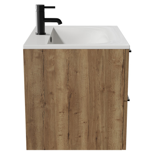 Napoli Tobacco Oak 600mm Wall Mounted Vanity Unit with 1 Tap Hole Minimalist Basin and 2 Drawers with Matt Black Handles View from Side