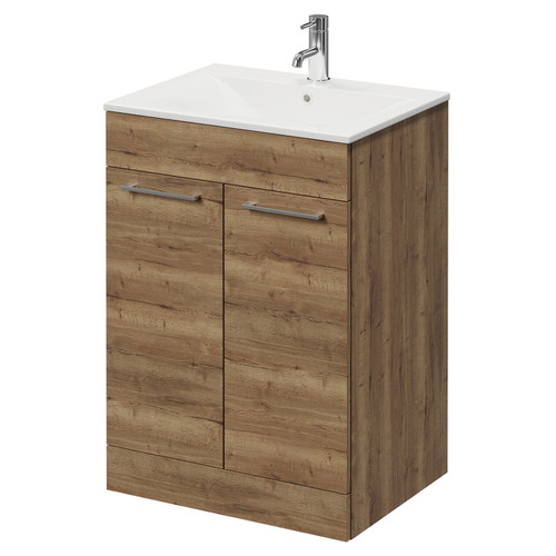 Napoli Tobacco Oak 600mm Floor Standing Vanity Unit with 1 Tap Hole Minimalist Basin and 2 Doors with Chrome Handles Right Hand View