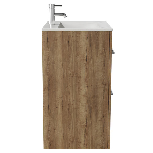 Napoli Tobacco Oak 600mm Floor Standing Vanity Unit with 1 Tap Hole Minimalist Basin and 2 Doors with Chrome Handles View from Side