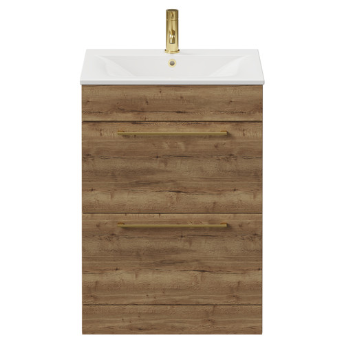 Napoli Tobacco Oak 600mm Floor Standing Vanity Unit with 1 Tap Hole Minimalist Basin and 2 Drawers with Brushed Brass Handles View from Front