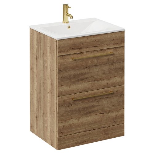 Napoli Tobacco Oak 600mm Floor Standing Vanity Unit with 1 Tap Hole Minimalist Basin and 2 Drawers with Brushed Brass Handles Left Hand View