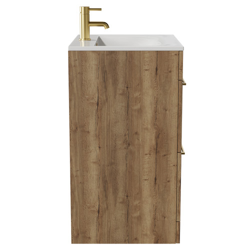 Napoli Tobacco Oak 600mm Floor Standing Vanity Unit with 1 Tap Hole Minimalist Basin and 2 Drawers with Brushed Brass Handles View from Side