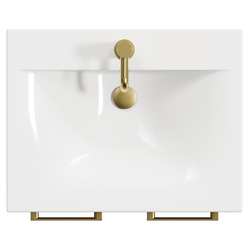 Napoli Tobacco Oak 600mm Floor Standing Vanity Unit with 1 Tap Hole Minimalist Basin and 2 Drawers with Brushed Brass Handles View from Top