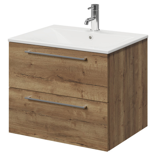 Napoli Tobacco Oak 600mm Wall Mounted Vanity Unit with 1 Tap Hole Minimalist Basin and 2 Drawers with Chrome Handles Right Hand View