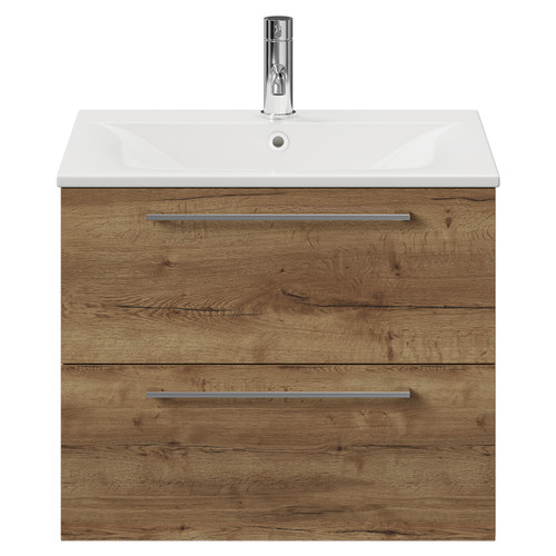 Napoli Tobacco Oak 600mm Wall Mounted Vanity Unit with 1 Tap Hole Minimalist Basin and 2 Drawers with Chrome Handles View from Front