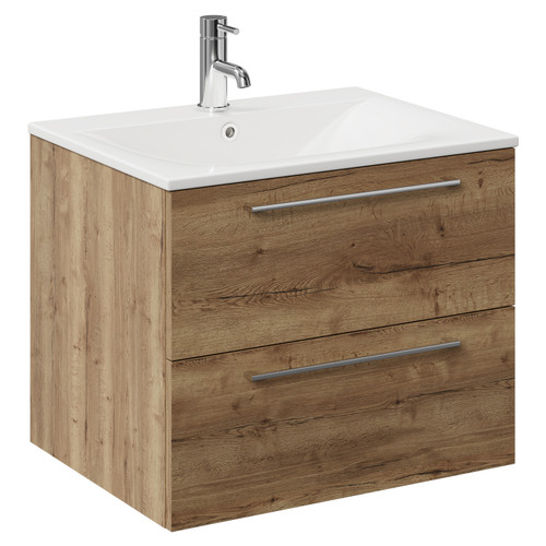 Napoli Tobacco Oak 600mm Wall Mounted Vanity Unit with 1 Tap Hole Minimalist Basin and 2 Drawers with Chrome Handles Left Hand View