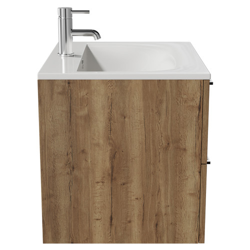 Napoli Tobacco Oak 600mm Wall Mounted Vanity Unit with 1 Tap Hole Minimalist Basin and 2 Drawers with Chrome Handles View from Side