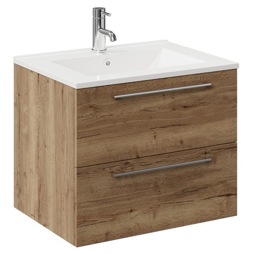 Napoli Tobacco Oak 600mm Wall Mounted Vanity Unit with 1 Tap Hole Minimalist Basin and 2 Drawers with Chrome Handles Left Hand View Napoli Tobacco Oak 600mm Wall Mounted Vanity Unit with 1 Tap Hole Minimalist Basin and 2 Drawers with Chrome Handles Left Hand View