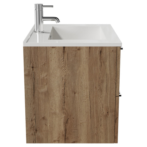 Napoli Tobacco Oak 600mm Wall Mounted Vanity Unit with 1 Tap Hole Minimalist Basin and 2 Drawers with Chrome Handles View from Side Napoli Tobacco Oak 600mm Wall Mounted Vanity Unit with 1 Tap Hole Minimalist Basin and 2 Drawers with Chrome Handles View from Side