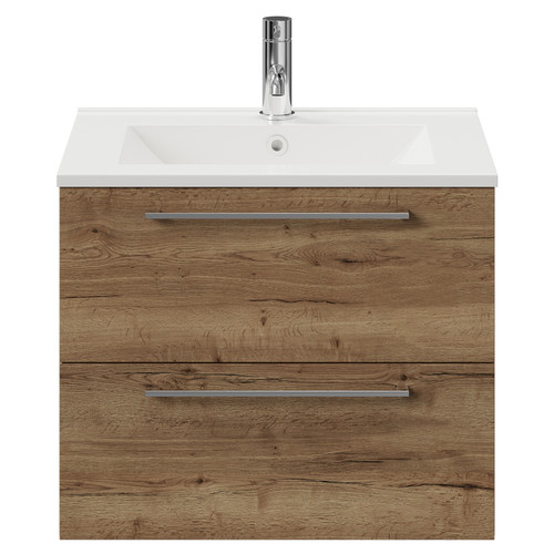 Napoli Tobacco Oak 600mm Wall Mounted Vanity Unit with 1 Tap Hole Minimalist Basin and 2 Drawers with Chrome Handles View from Front Napoli Tobacco Oak 600mm Wall Mounted Vanity Unit with 1 Tap Hole Minimalist Basin and 2 Drawers with Chrome Handles View from Front