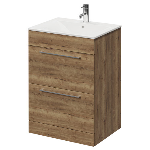 Napoli Tobacco Oak 600mm Floor Standing Vanity Unit with 1 Tap Hole Minimalist Basin and 2 Drawers with Chrome Handles Right Hand View